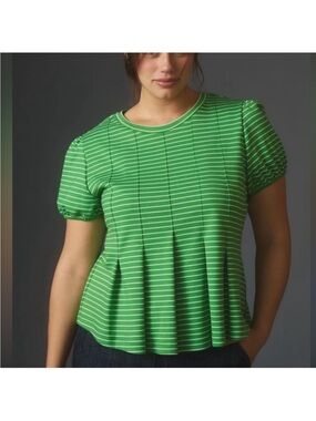 Maeve Anthropologie Green Striped Puff-Sleeve Peplum Stripe Tee - Size Med